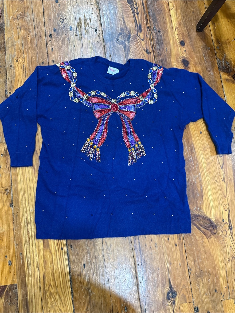 Marisa Christina Royal Blue Sweater with Beaded Red Bow Size 2x wool and angora